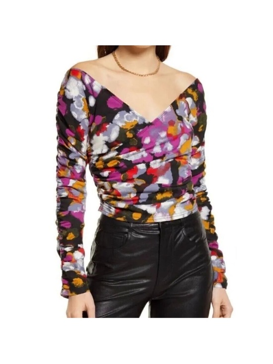 Open Edit Tops - Off-Shoulder Ruched Floral Knit Top - Multicolor